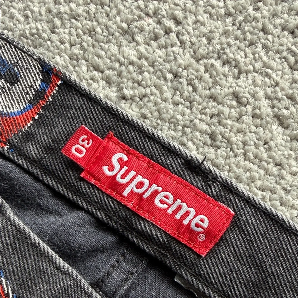 Supreme Black Denim Jeans with Red and White 666 Allover Print - Picture 4 of 5